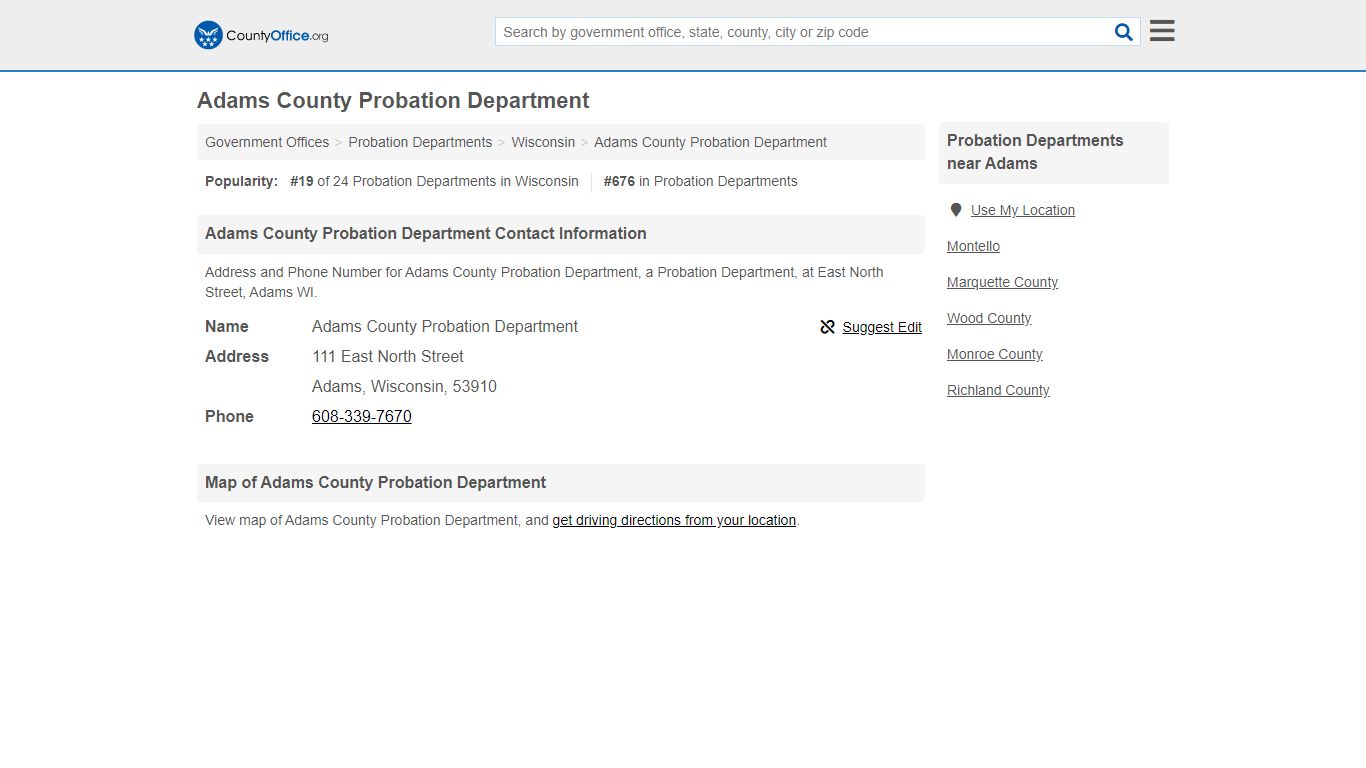 Adams County Probation Department - Adams, WI (Address and Phone)